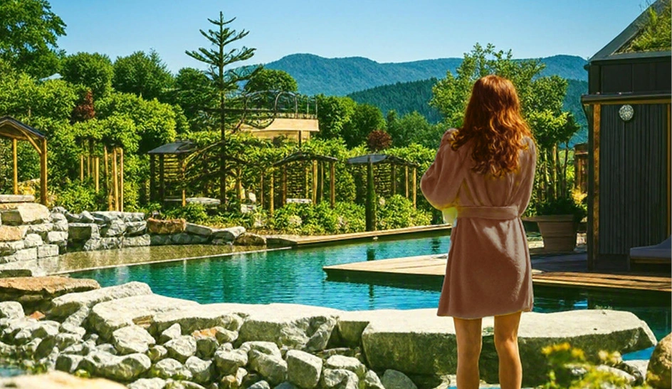 Frau im Bademantel blickt auf Poo-l und Berglandschaft