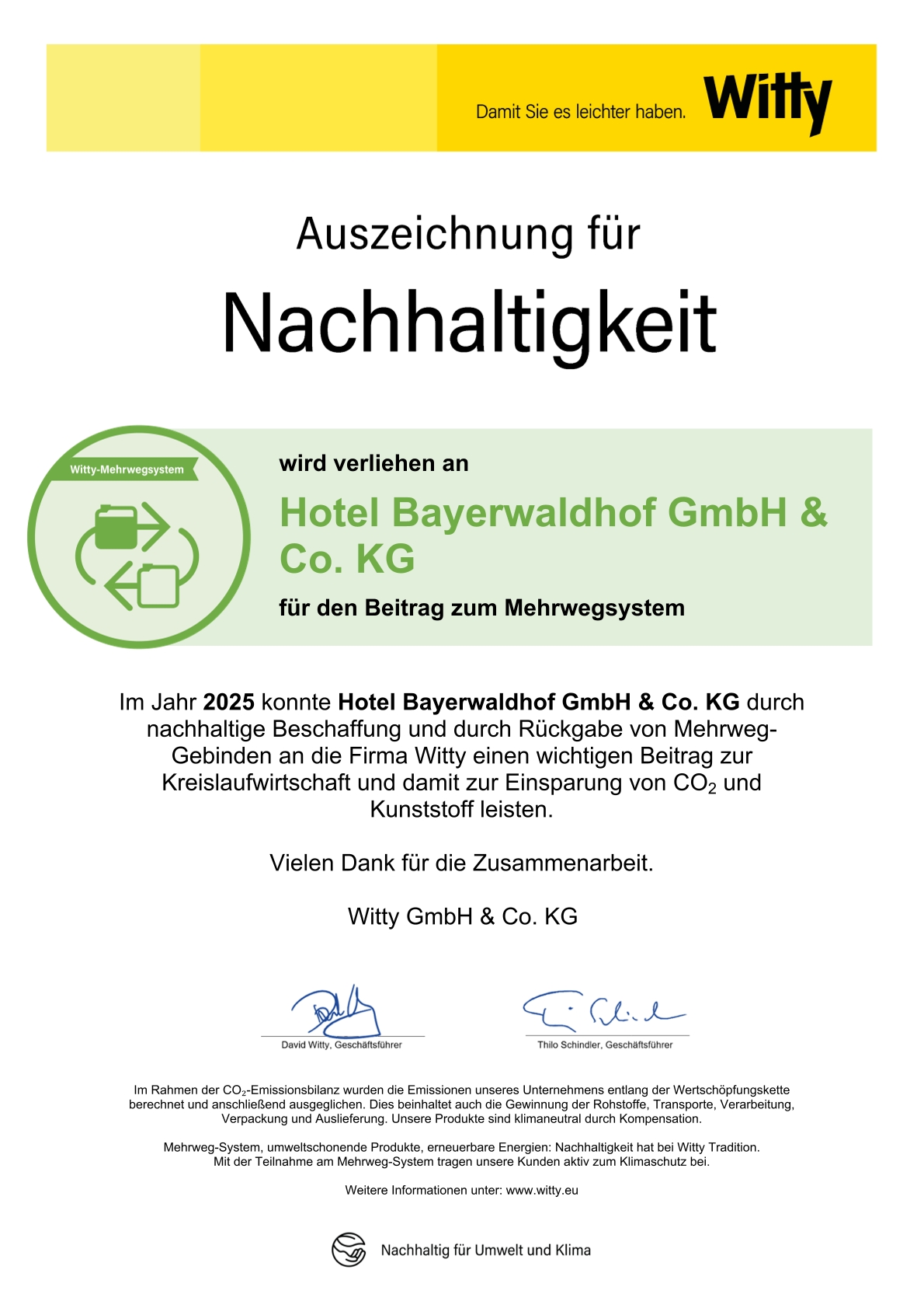 Zertifikat für das Wellnesshotel Bayerwaldhof in Bad Kötzting im bayerischen Wald zum Thema Mehrwegsystem Zertifikat für die Teilnahme am Witty Mehrwegsystem