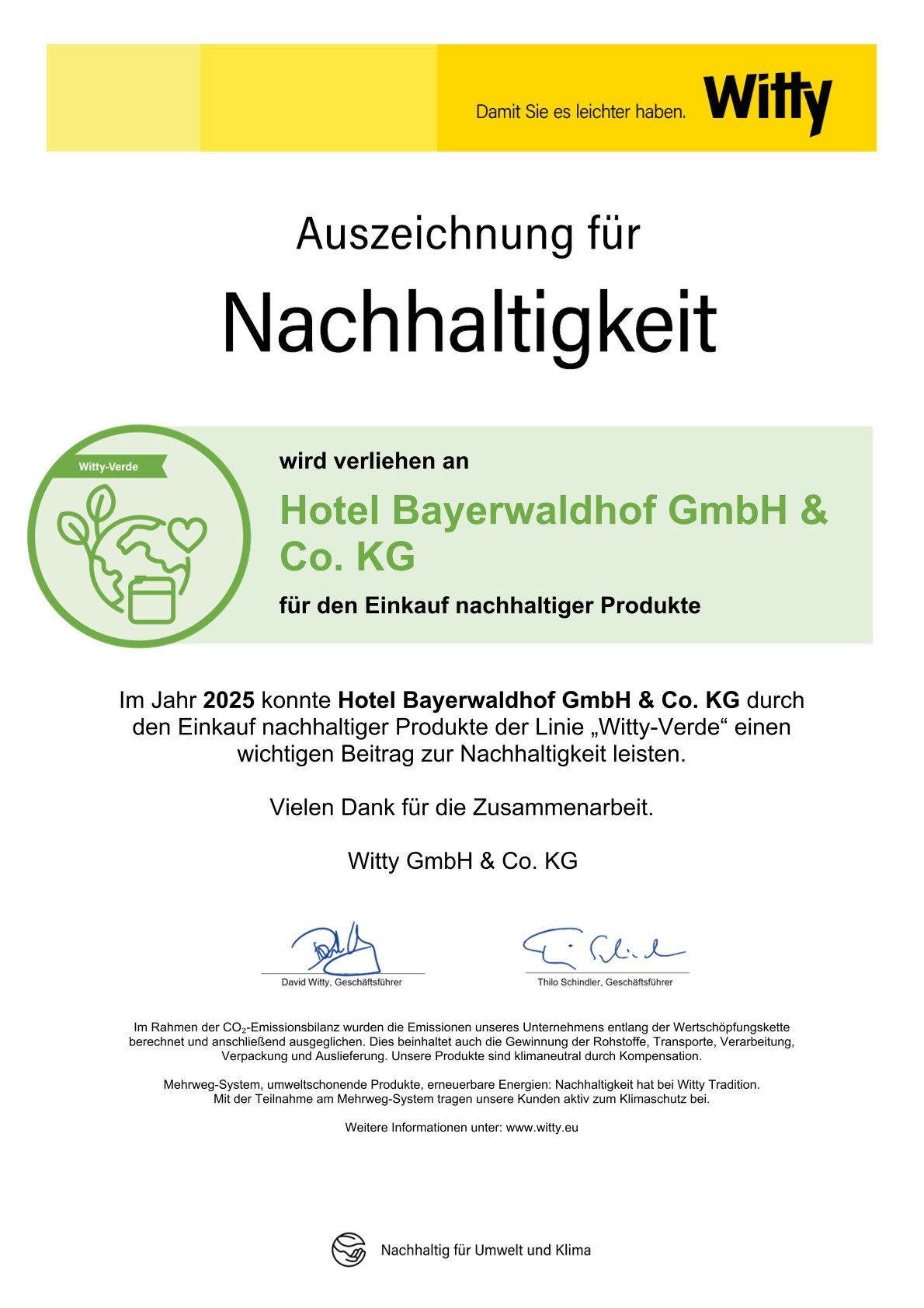 Zertifikat für das Wellnesshotel Bayerwaldhof in Bad Kötzting im bayerischen Wald zum Thema nachhaltiger Einkauf Zertifikat für den Nachhaltigen Einkauf im Wellnesshotel Bayerwaldhof